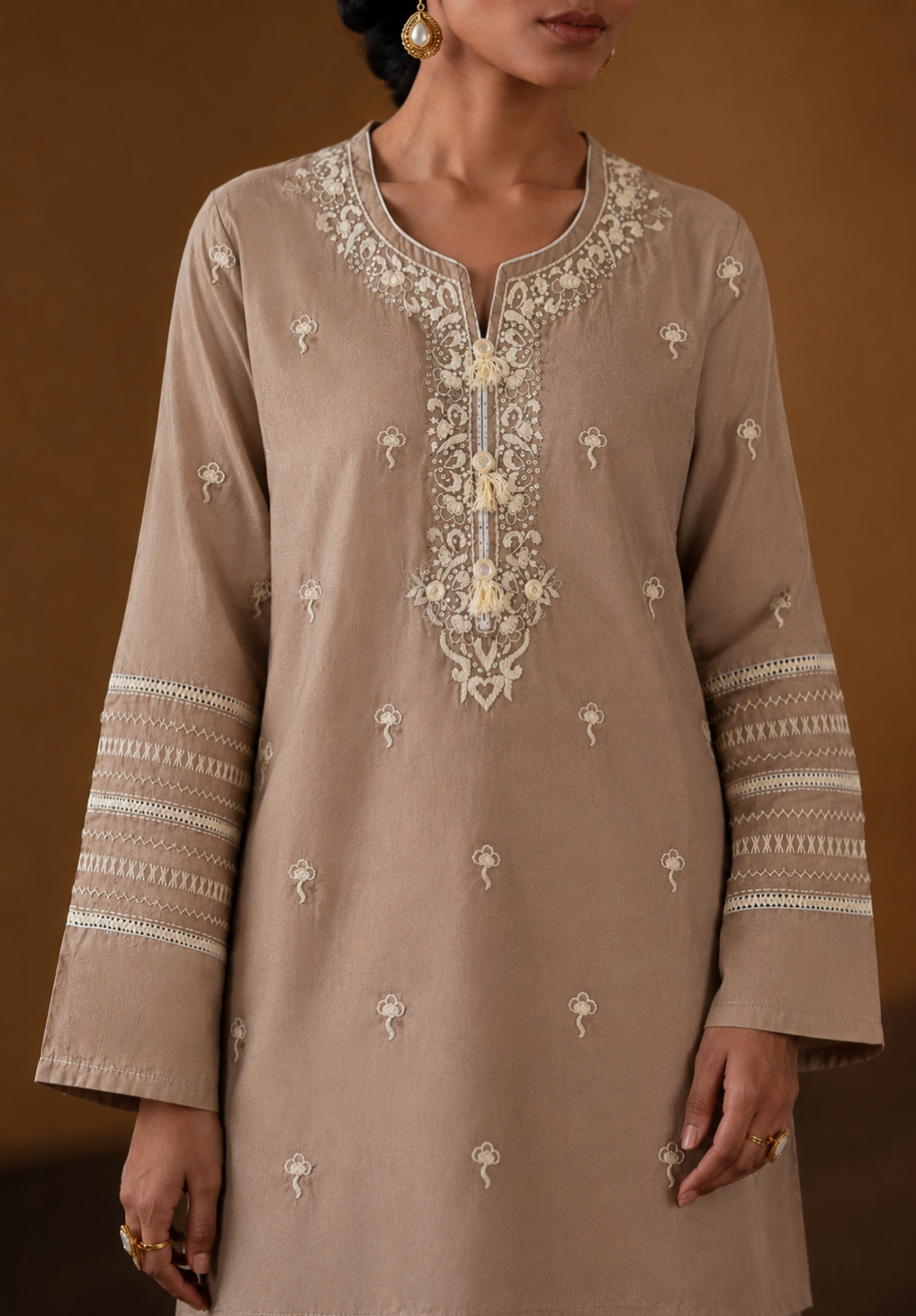 Taupe Cotton Heavy Hand-Embroidered 2-Piece Suit