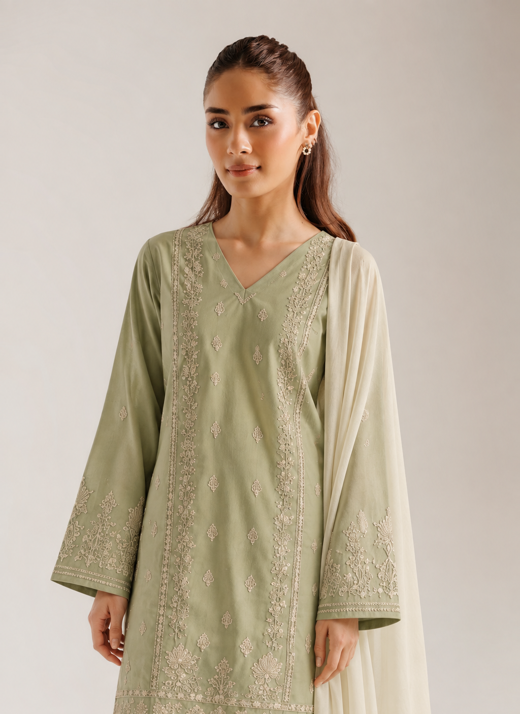 Sage Green Dhanak Embroidered 3-Piece Suit with Wool Dupatta