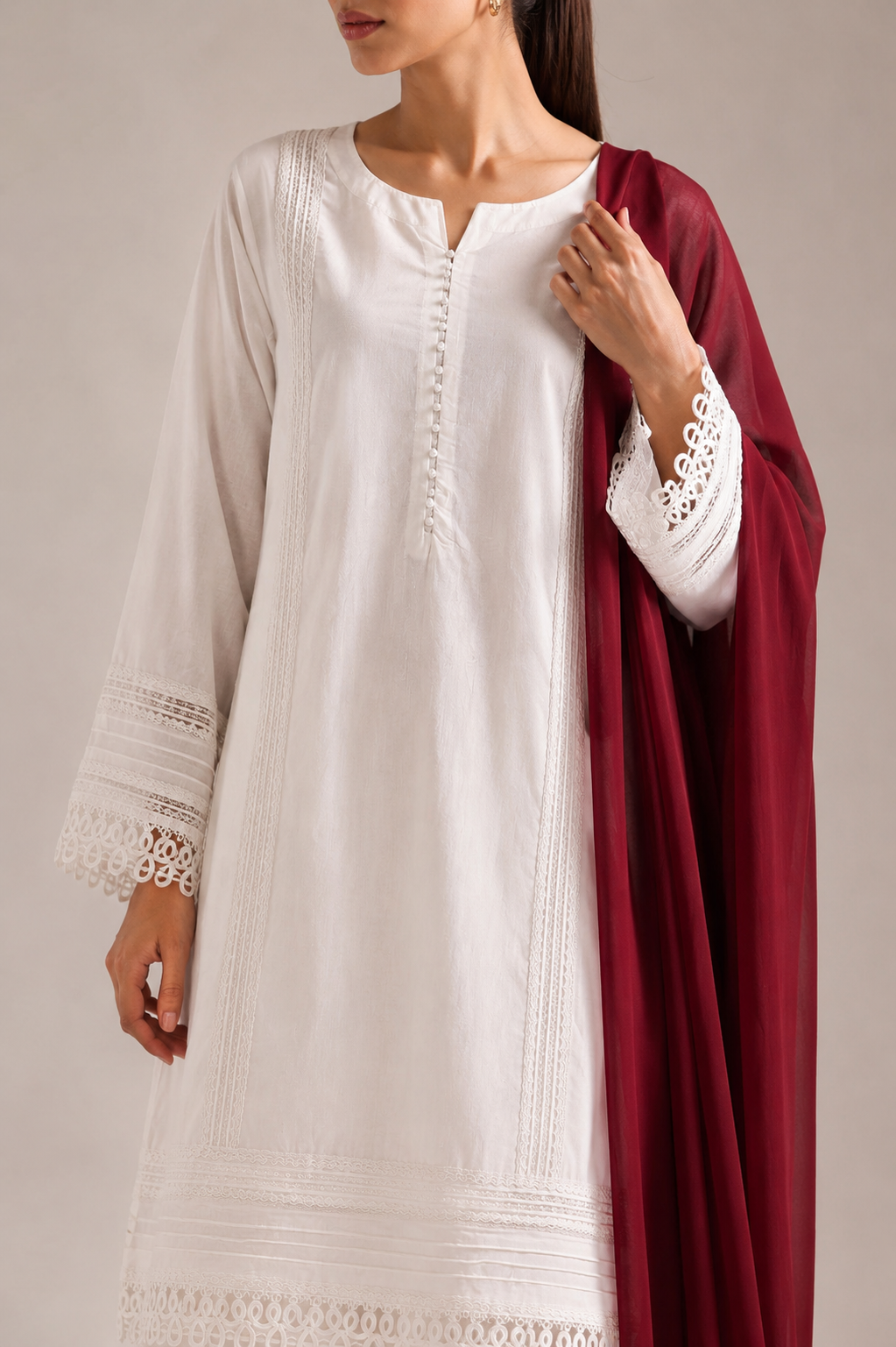 Premium Lawn 3-Piece Embroidered Suit with Lace Detailing White &amp Maroon