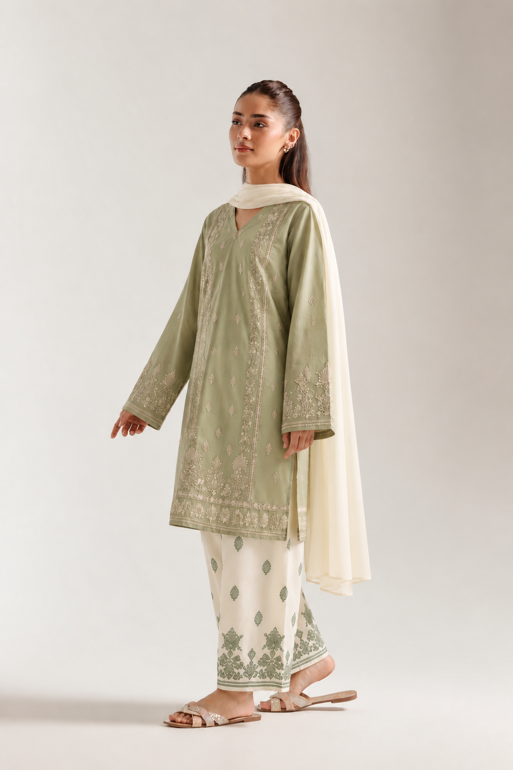 Sage Green Dhanak Embroidered 3-Piece Suit with Wool Dupatta