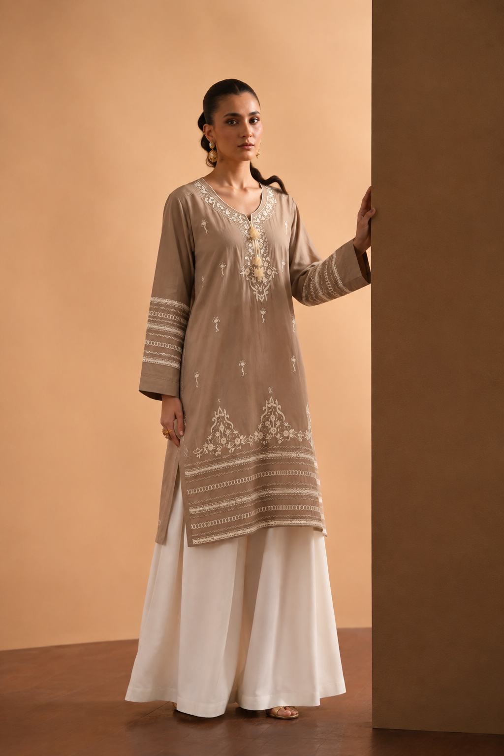 Taupe Cotton Heavy Hand-Embroidered 2-Piece Suit