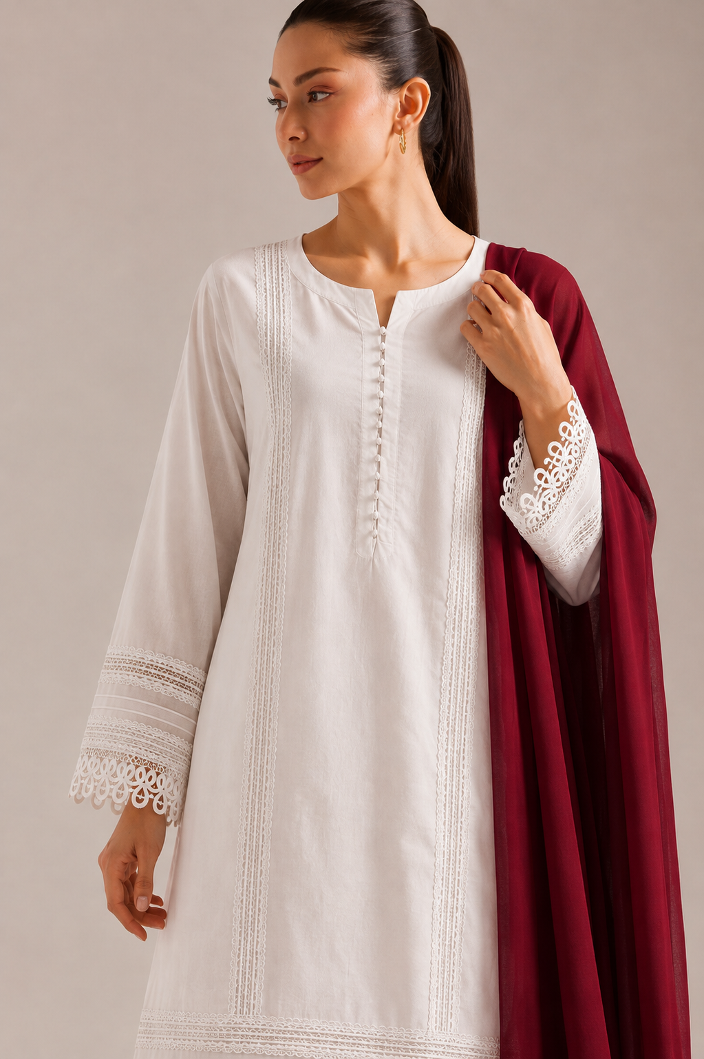 Premium Lawn 3-Piece Embroidered Suit with Lace Detailing White &amp Maroon