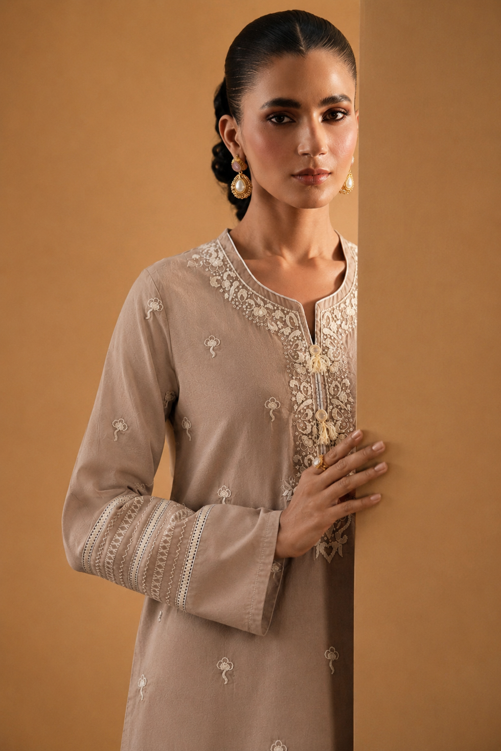 Taupe Cotton Heavy Hand-Embroidered 2-Piece Suit