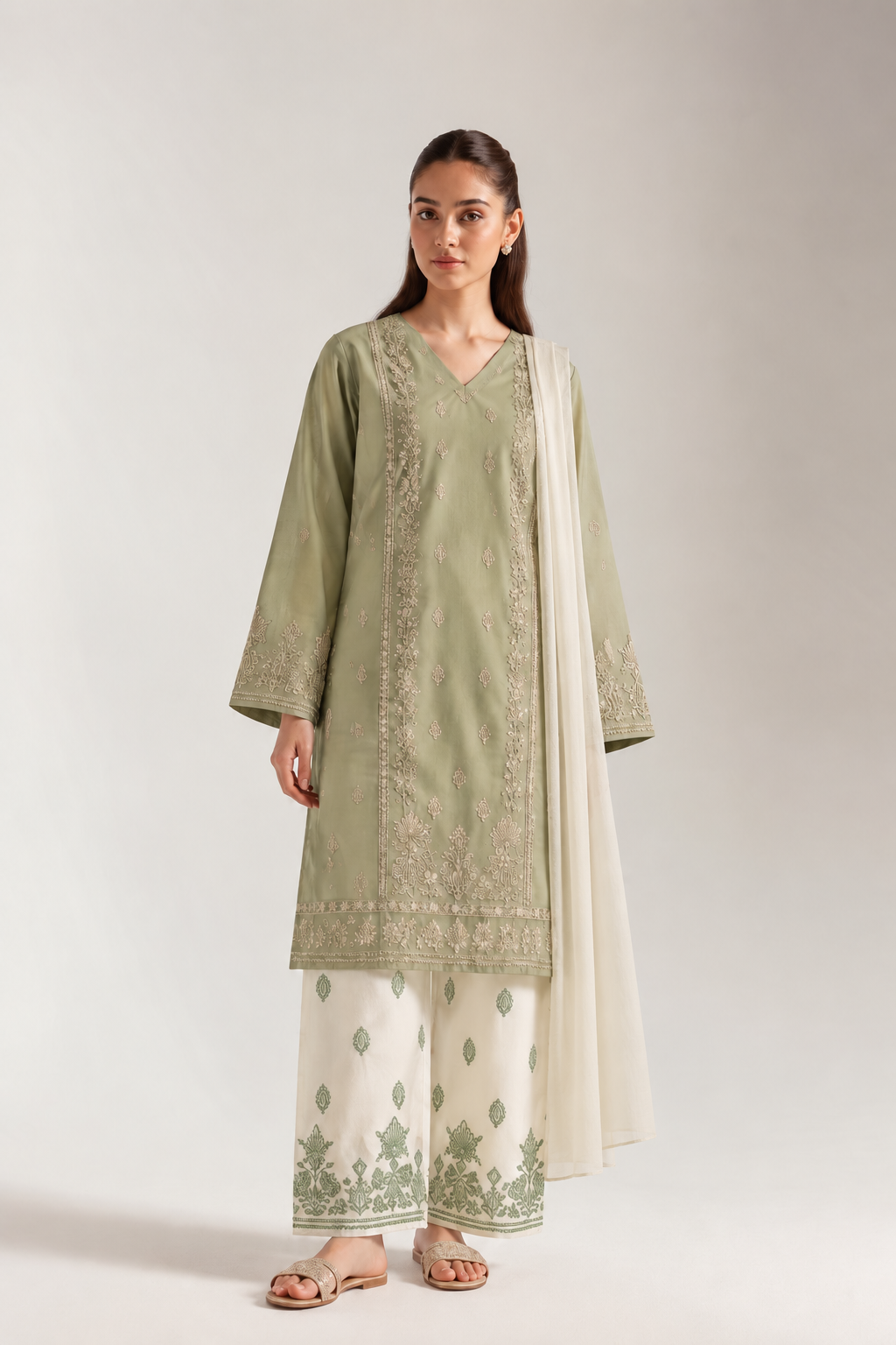 Sage Green Dhanak Embroidered 3-Piece Suit with Wool Dupatta