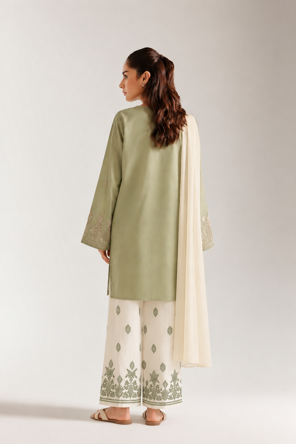 Sage Green Dhanak Embroidered 3-Piece Suit with Wool Dupatta