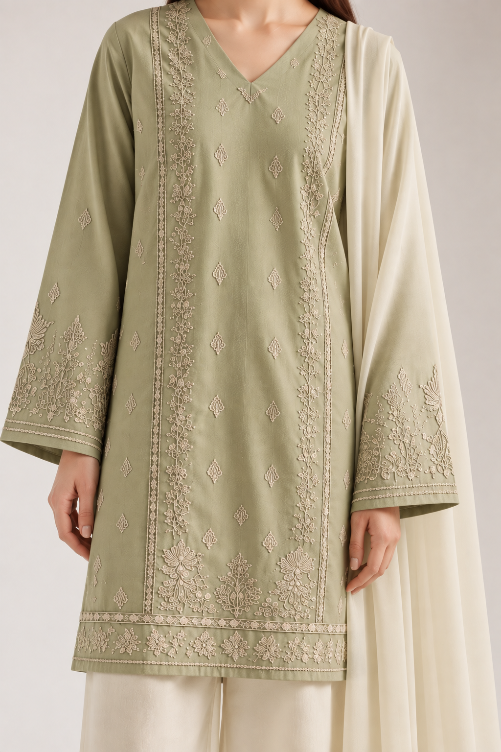 Sage Green Dhanak Embroidered 3-Piece Suit with Wool Dupatta