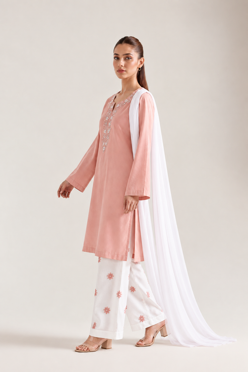 Elegant Pink Dhanak Suit with Machine Embroidery Crinkle Dupatta