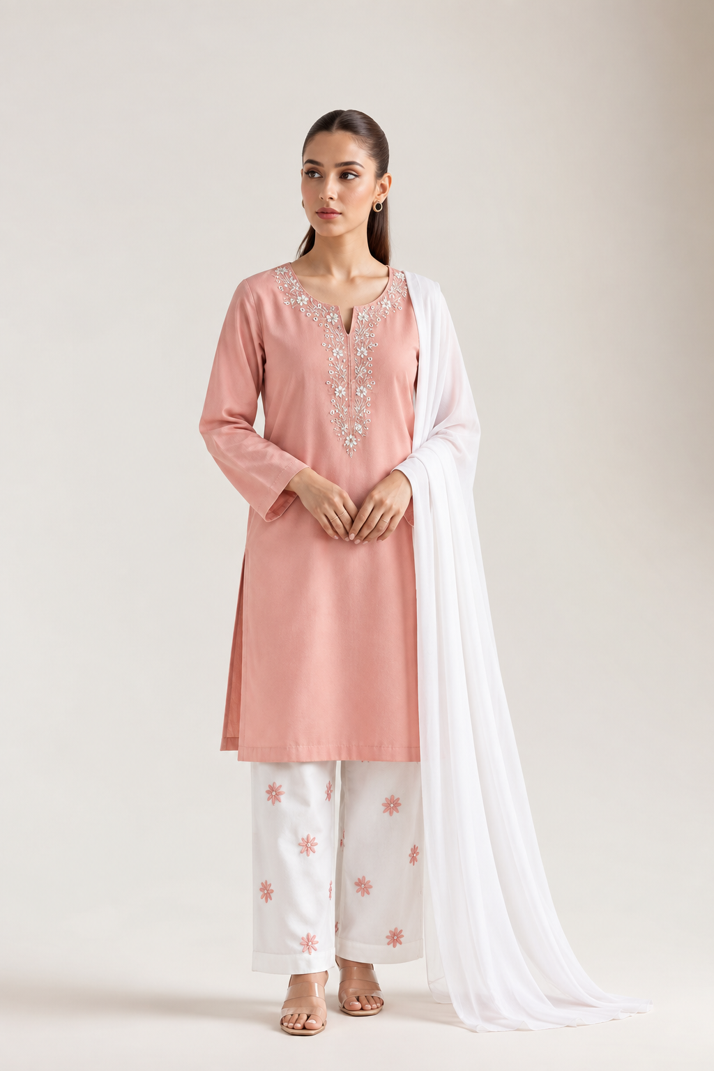 Elegant Pink Dhanak Suit with Machine Embroidery Crinkle Dupatta