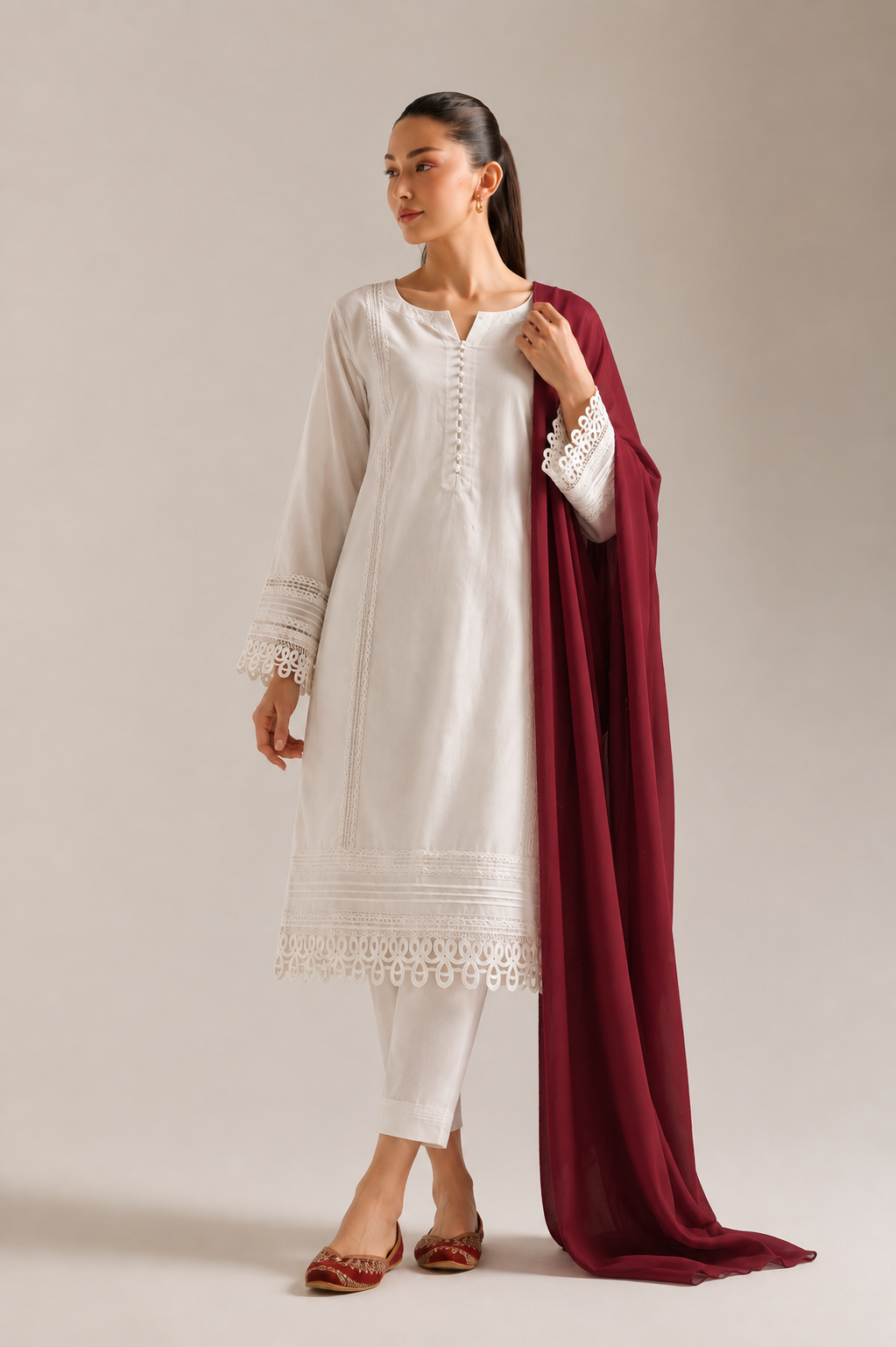 Premium Lawn 3-Piece Embroidered Suit with Lace Detailing White &amp Maroon