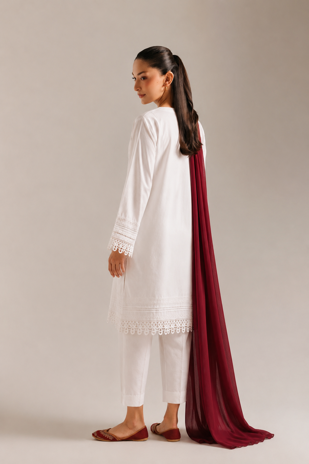 Premium Lawn 3-Piece Embroidered Suit with Lace Detailing White &amp Maroon