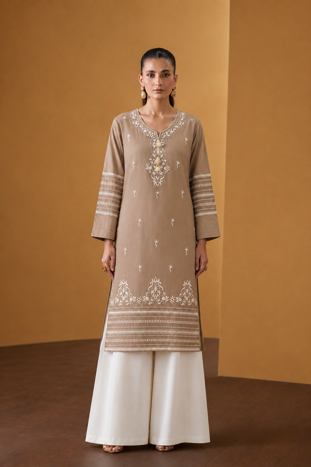 Taupe Cotton Heavy Hand-Embroidered 2-Piece Suit