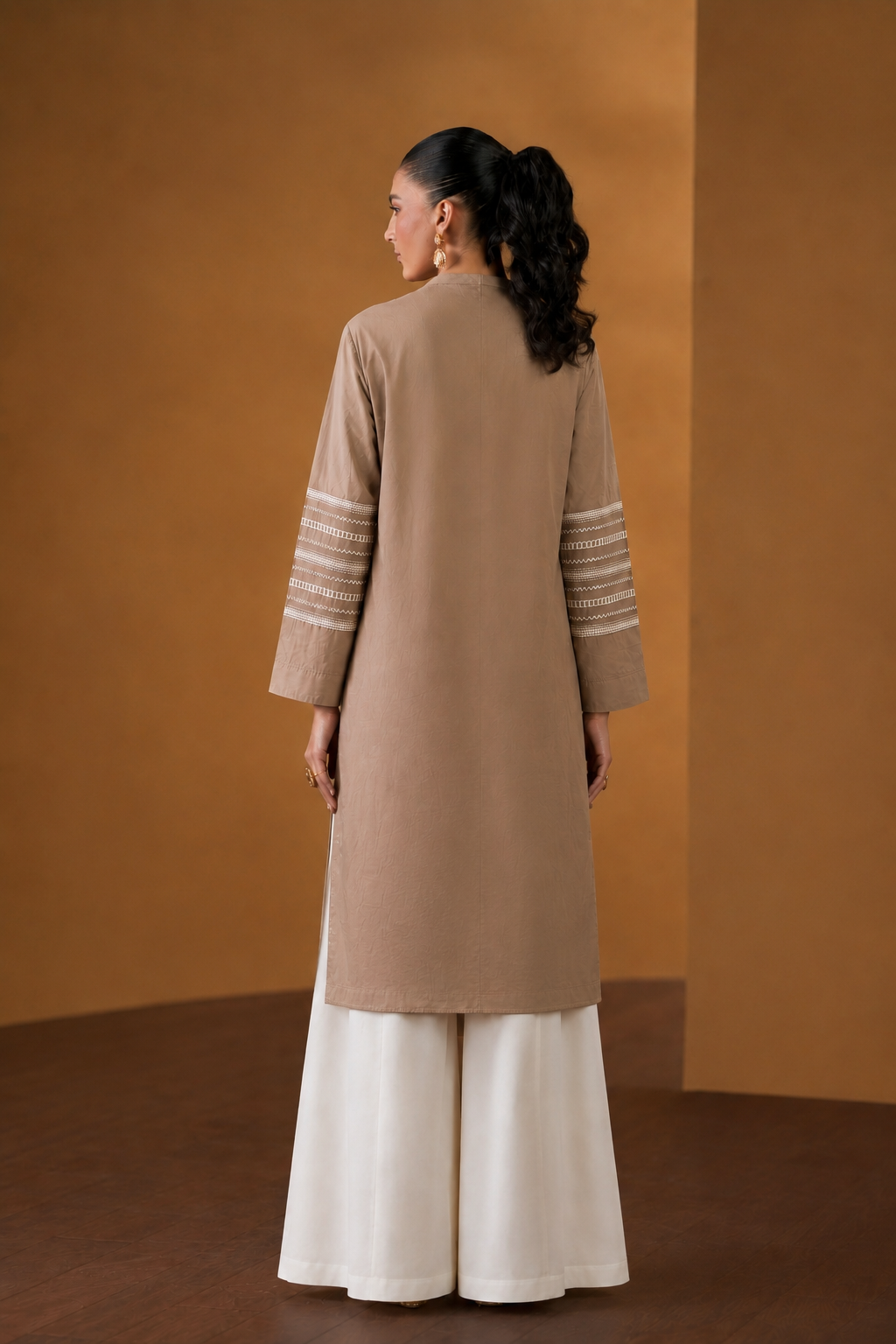 Taupe Cotton Heavy Hand-Embroidered 2-Piece Suit